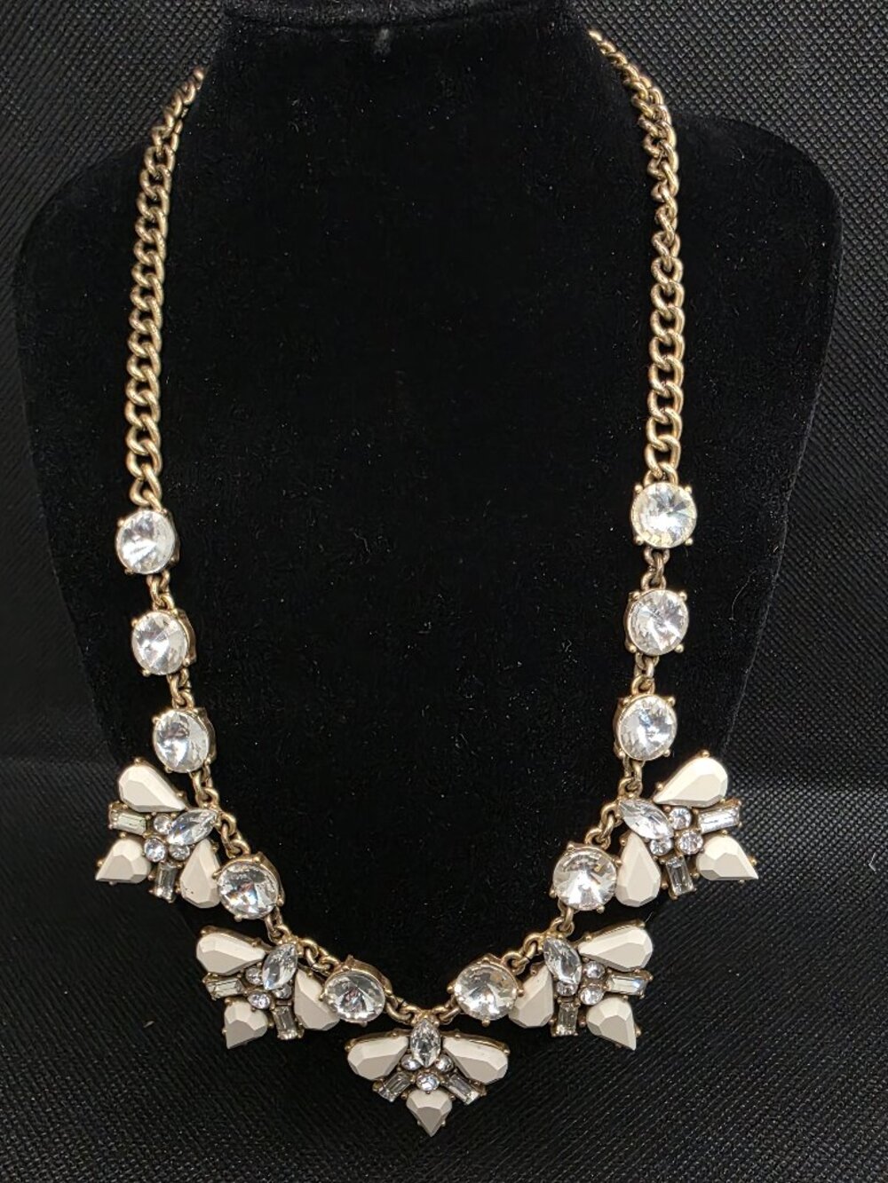 Vintage J.Crew Crystal and Ivory Bib Statement Necklace Gold Tone Rhinestone